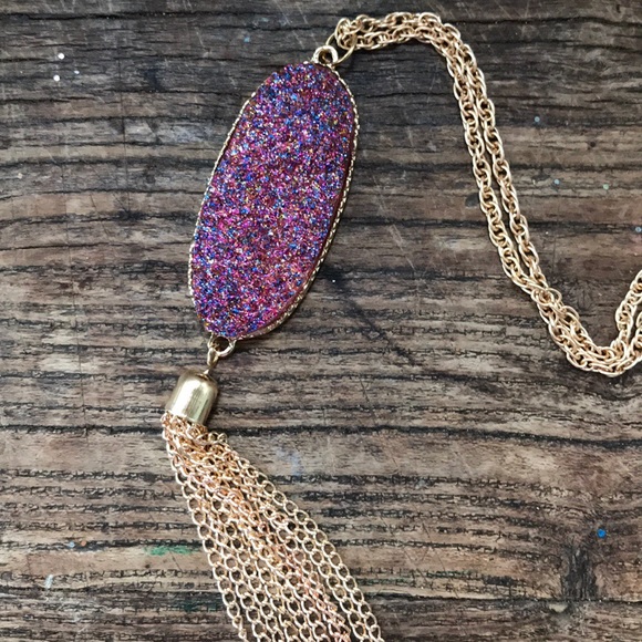 New! Purple Druzy Stone Tassel Necklace - Picture 2 of 8
